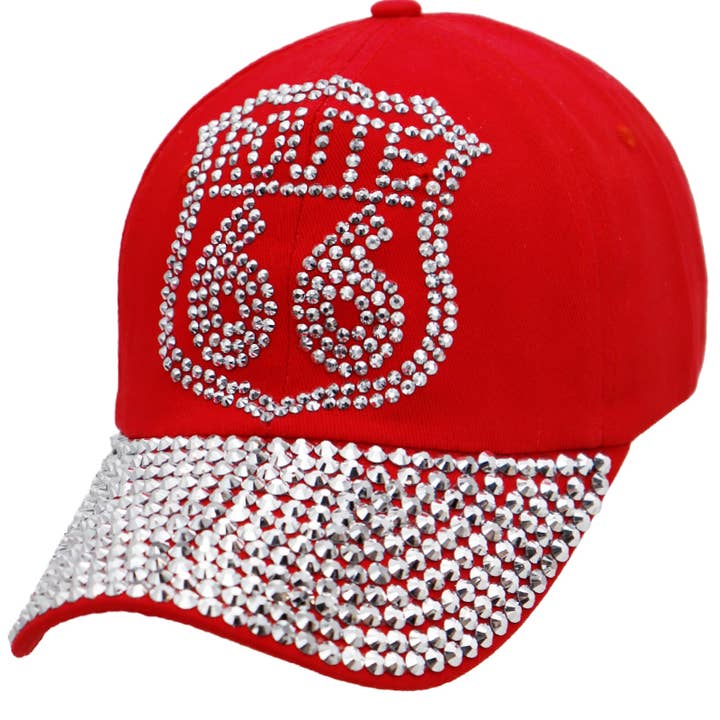 Cap Zone - Wholesale Baseball Cap - Women's - Route 66 Bling Rhinestone Cotton Baseball Cap