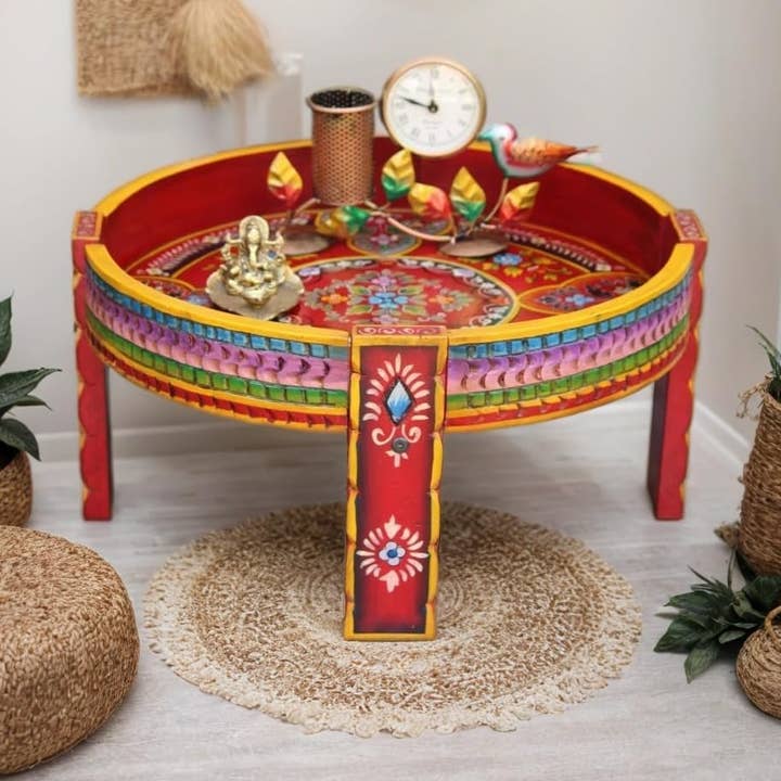 Wooden Painted Handicraft Side Coffee Table, Chakki Table for wholesale by VIRATRA ART DECOR