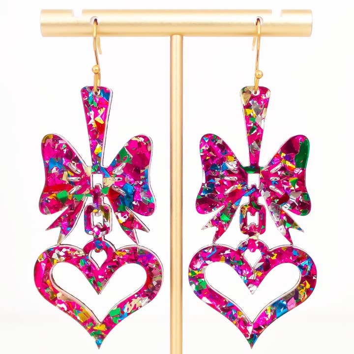 Valentines Earrings Heart & Bow Acrylic Dangles for wholesale by Momenti di Vita