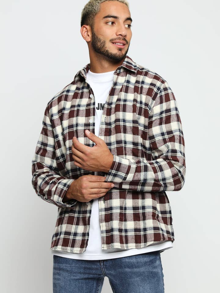 Fusion Plaid Flannel Check Shirt - Maroon Navy for wholesale by JMOJO UK Limited
