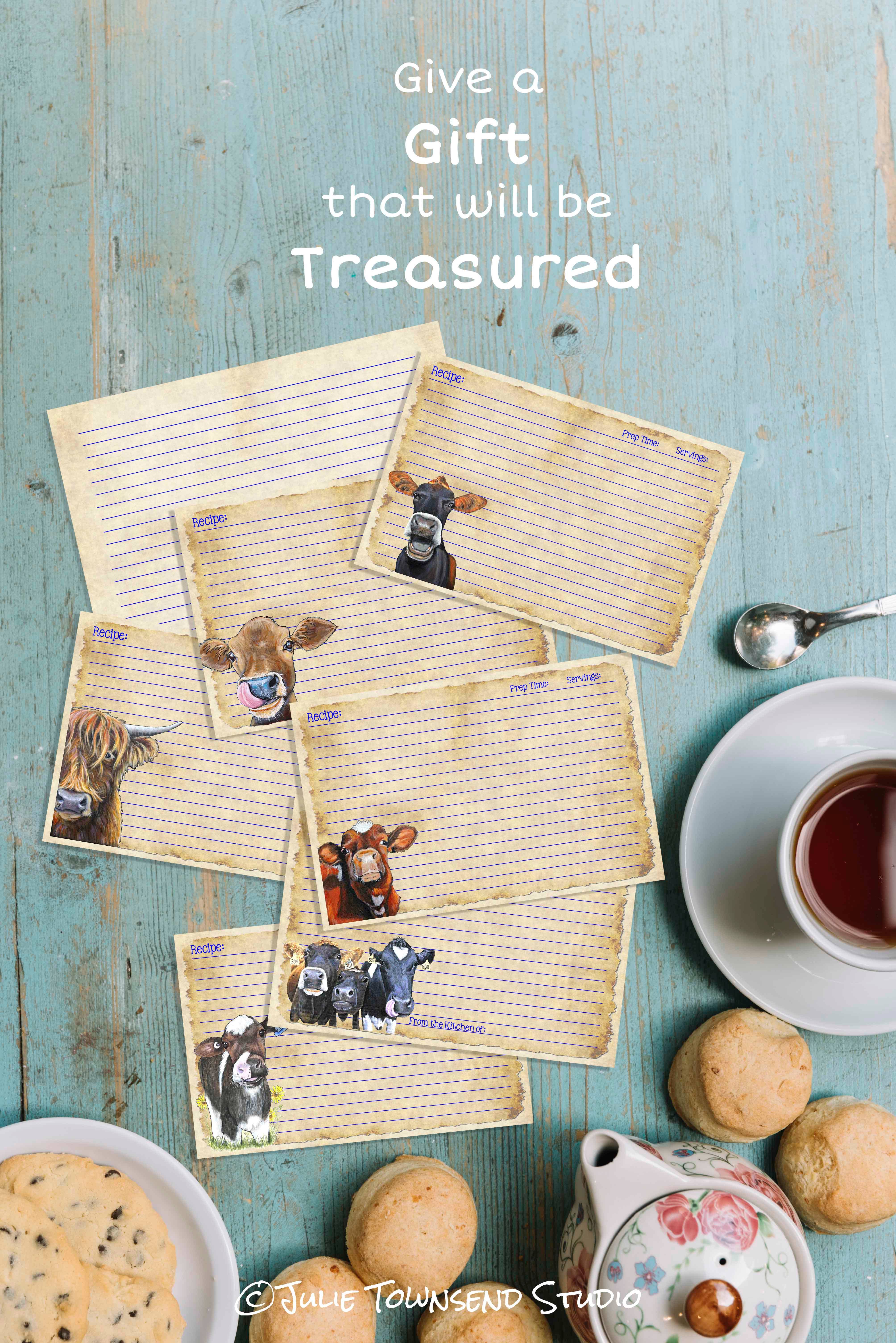 Julie Townsend Studio - Wholesale Recipe Card - Recipe Cards - Set of 12 Cute Cow Recipe Cards - COW LOVER 12