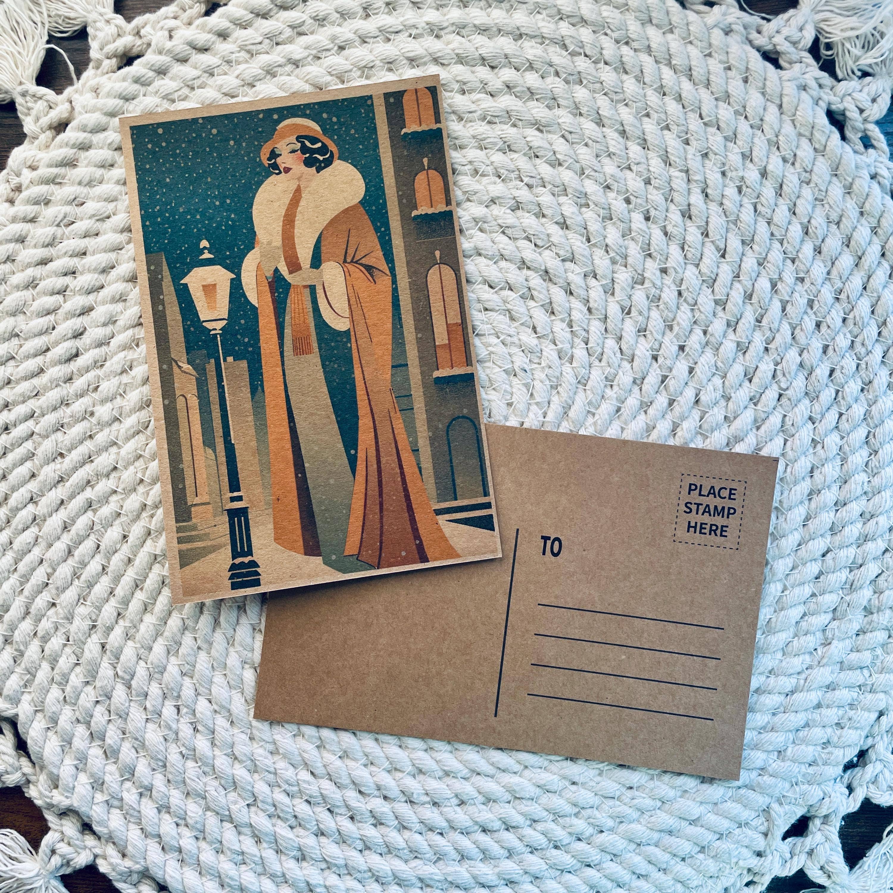 Cryptic Paper Co. - Vente Assortiment de cartes postales - Ensemble de 4 cartes postales de Noël Art déco hiver Kraft 10x15 cm2