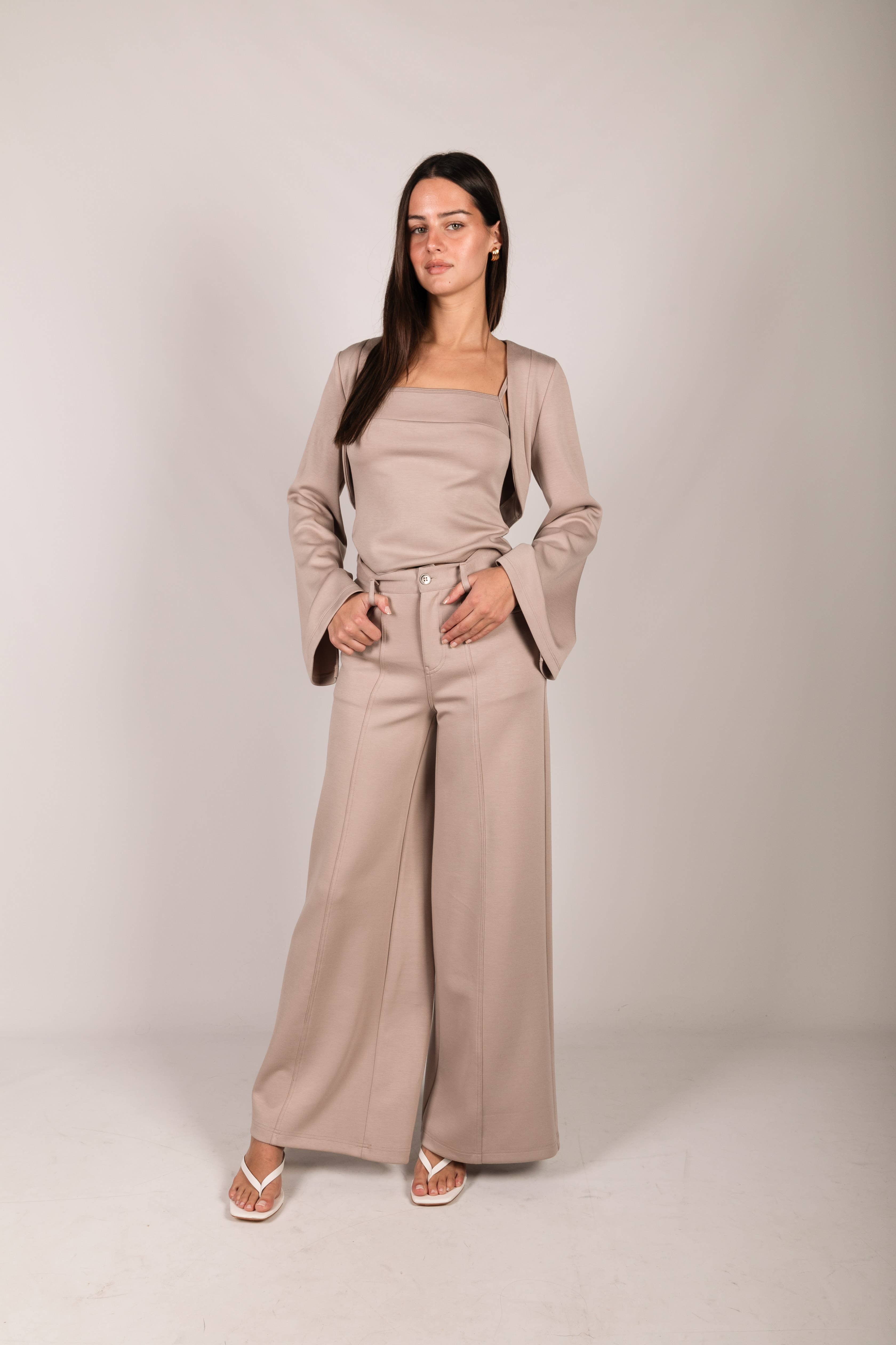 Taupe P. CILL Butter Modal Pleated Wide Leg Trousers for wholesale on Faire9
