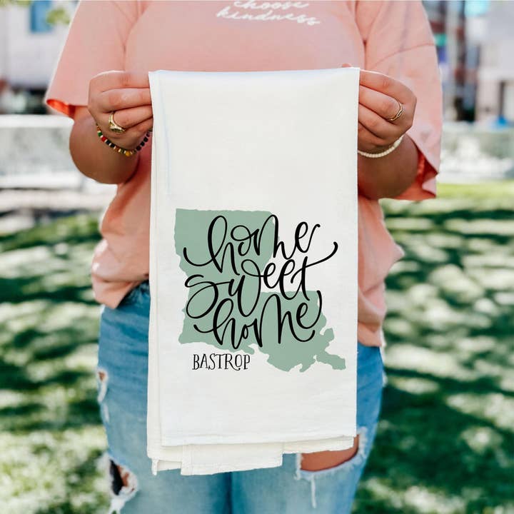 White Cotton Tea Towel White-Home Sweet Home Bastrop Louisiana for wholesale on Faire4