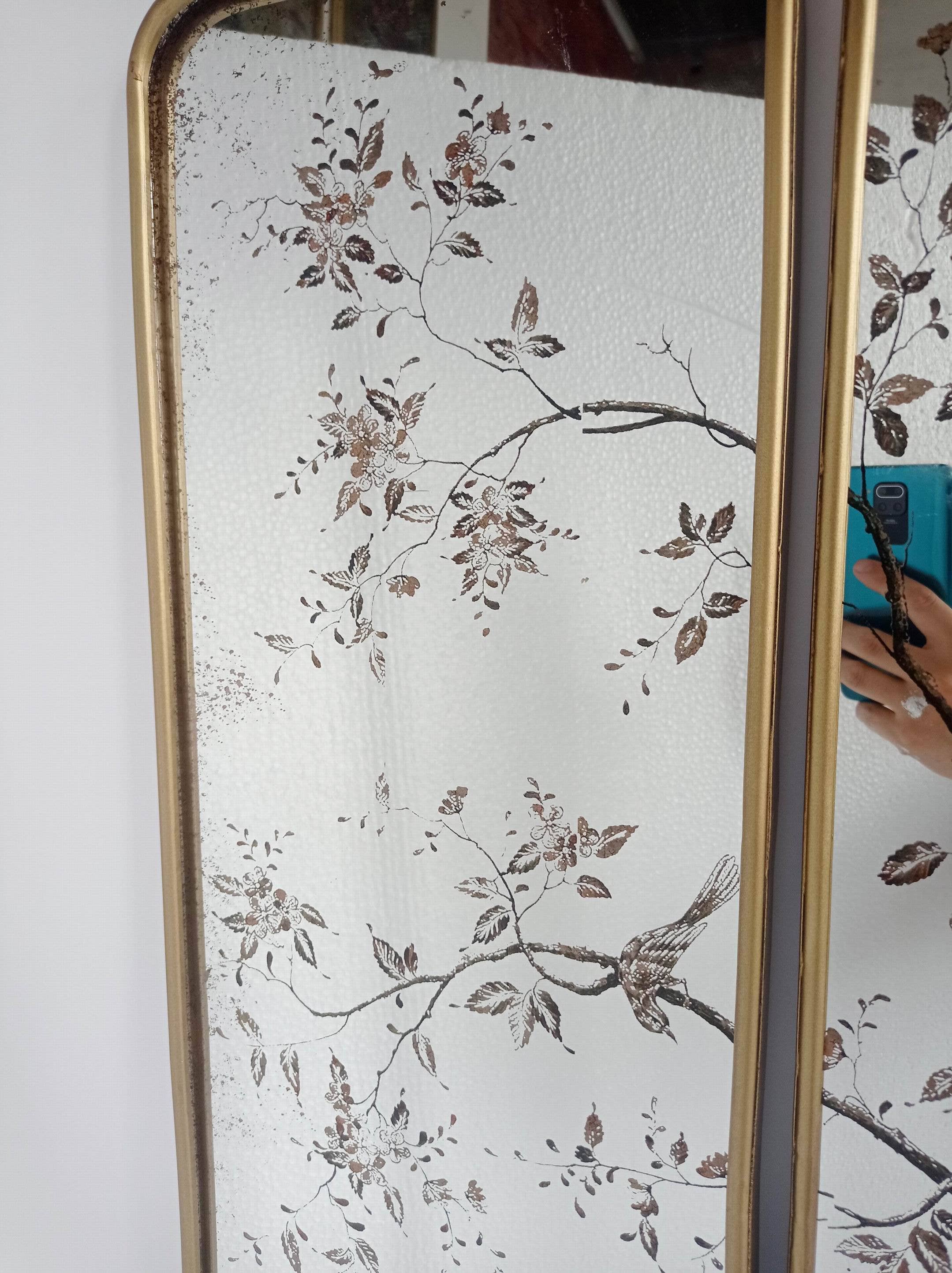Originals International Ltd - Wholesale Wall Mirror - Antiqued Botanical Mirror Trio – Bird & Blossom Panel Set6