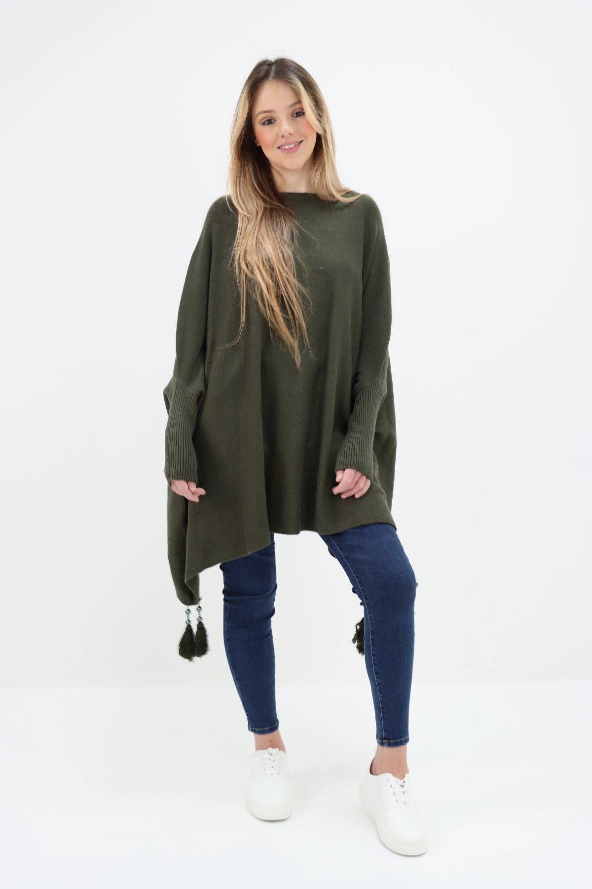 Miss Bold - Wholesale Poncho - Women's - Italian Plain Batwing Sleeves Tassels Tunic Poncho18