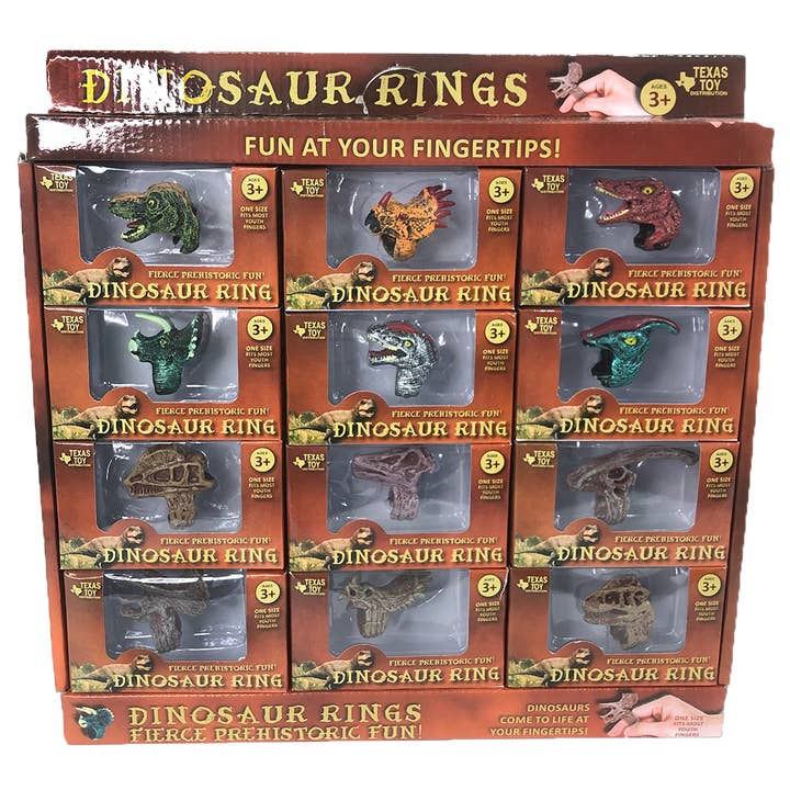 Texas Toy Distribution - Wholesale Retailer Display - Kids & Baby - Dinosaur Ring Display Set, x12 Rings Assortment