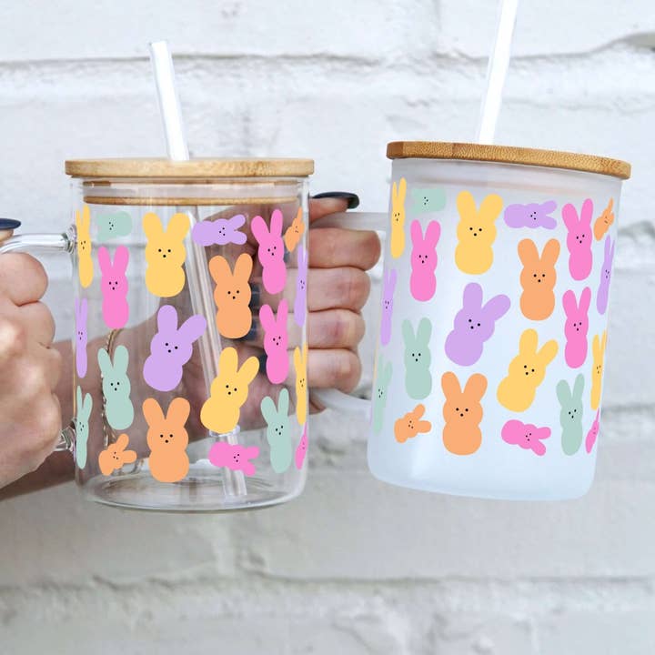 Peep Bunnies 17oz Glass Mug With Lid and Straw for wholesale by Sip-Sip Hooray!