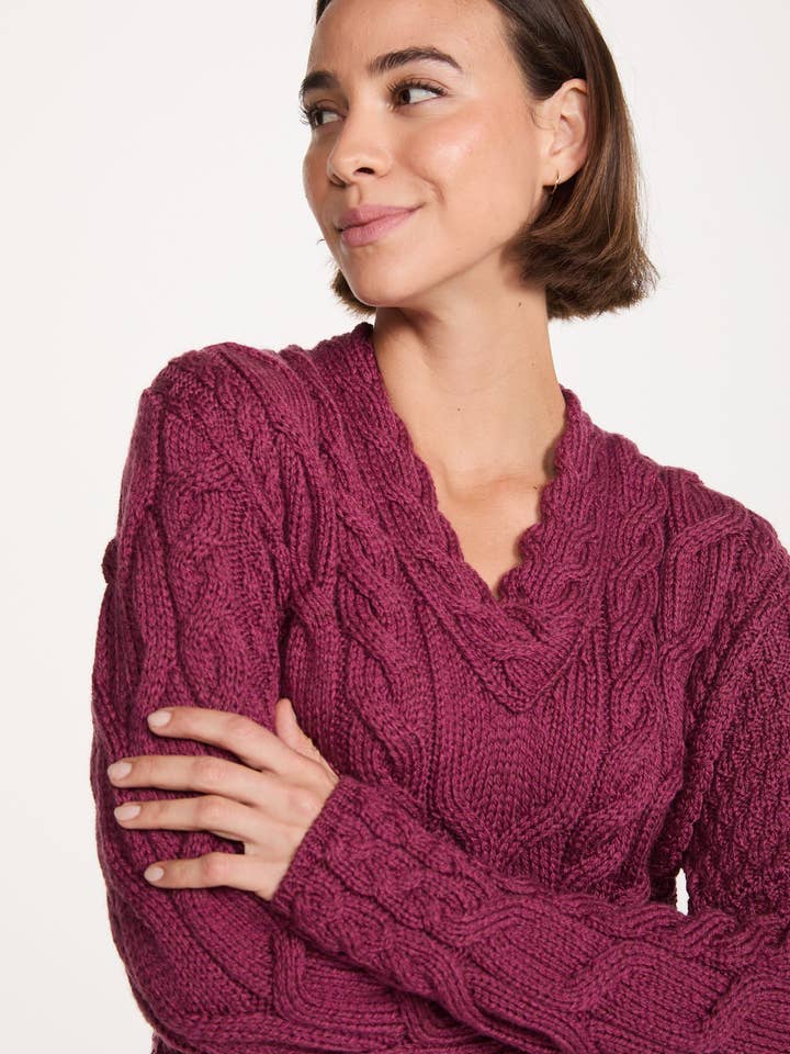 Tralee Ladies V-Neck Supersoft Merino Sweater - Berry for wholesale by Aran Woollen Mills