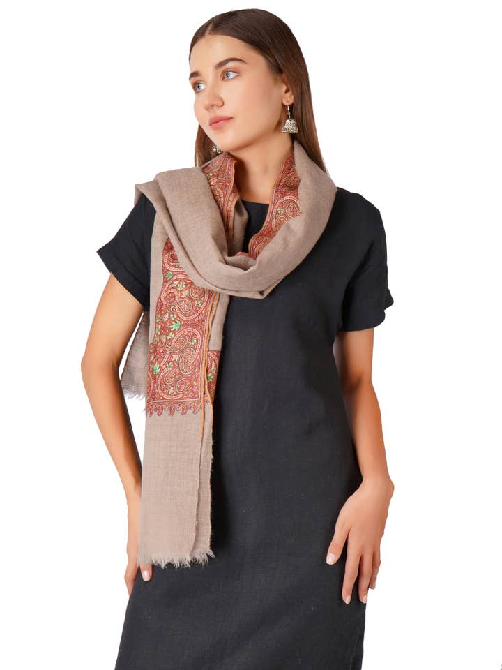 Luxurious Pashmina Shawl with Hand Sozni Border Embroidery - Natural Toosh for wholesale by PASHWRAP