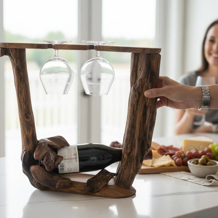 Handcrafted Teak Wood Wine Glass & Bottle Holder. Bar Decor for wholesale by Handicraft Heaven