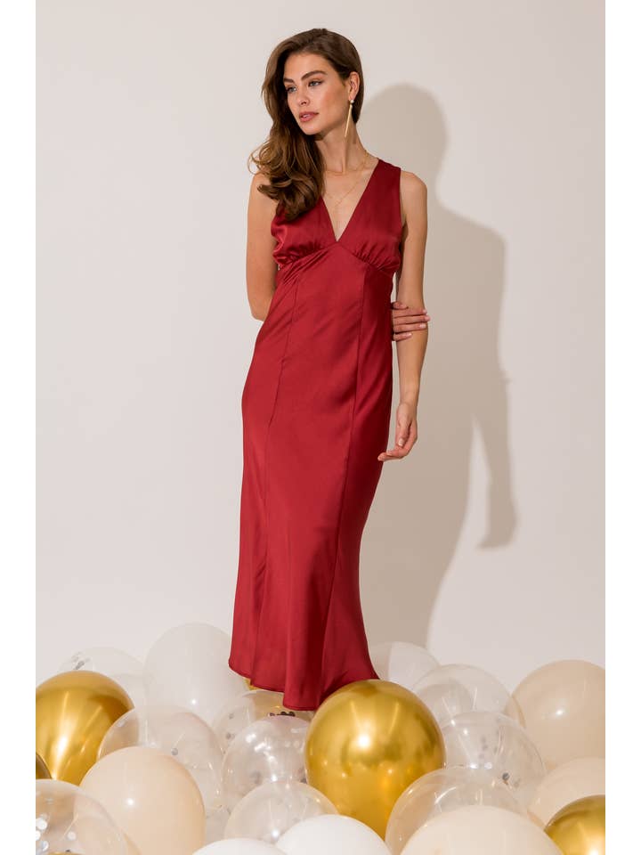 MARSALA SLEEVELESS V-NECK SATIN MIDI DRESS for wholesale on Faire