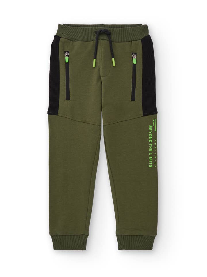 Pantalon jogger pour enfant en vert avec détails en noir et texte pour la vente par tuc tuc