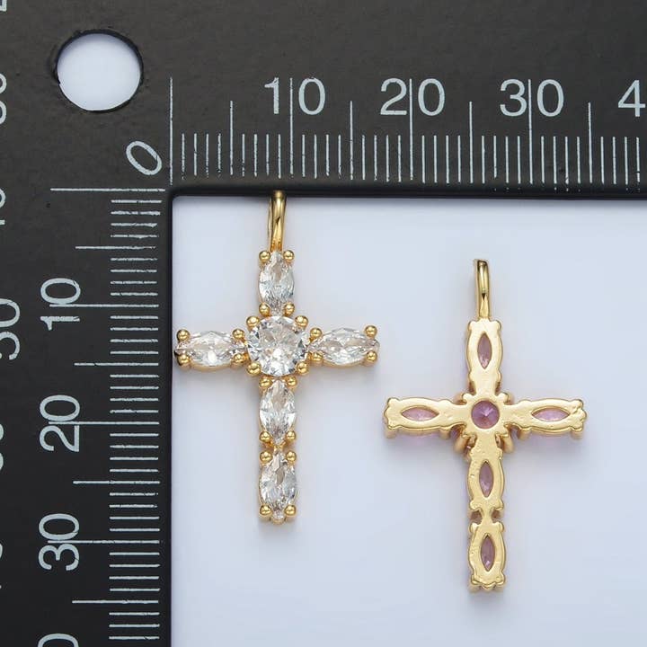 Aim Eternal - Wholesale Individual Charm/Pendant - 24K Gold Filled Pink, Clear Marquise CZ Cross Pendant | AA13672