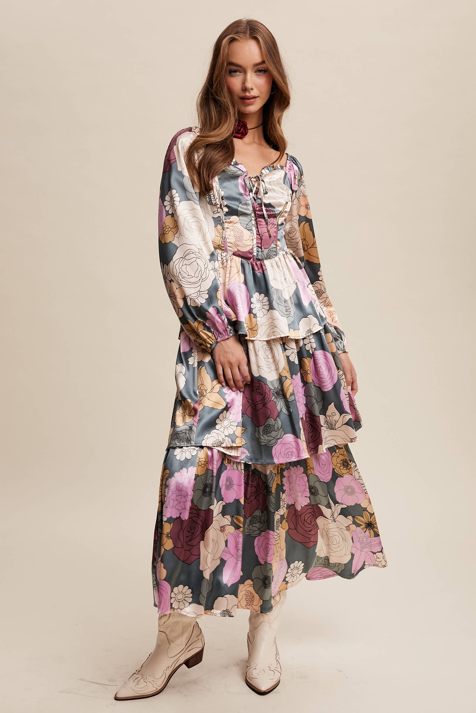 Listicle - Wholesale Dress - Women's - Floral Lace-Up Tiered Maxi Dress LD14481