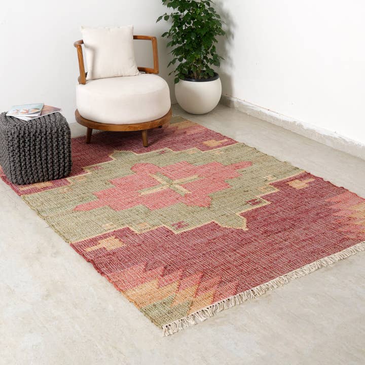 Tapis Kilim Tissé à la Main – Jute & Coton | Rouge & Naturel pour la vente par Expo Bazaar