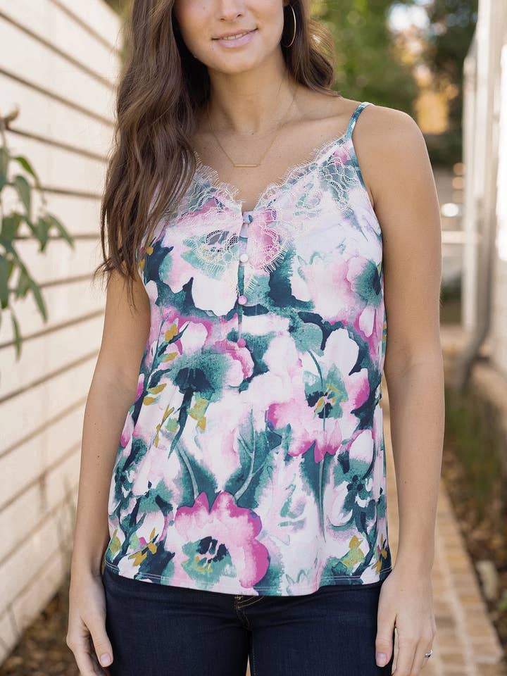 Button Lace Trim Cami in Watercolor Floral for wholesale by Grace and Lace