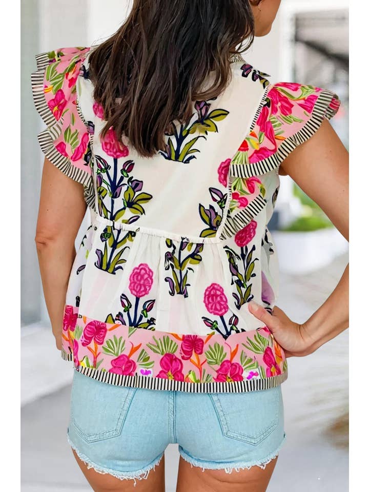 As shown Sassy Floral Print Tie Neck Ruffled Sleeve Blouse | S-XL for wholesale on Faire