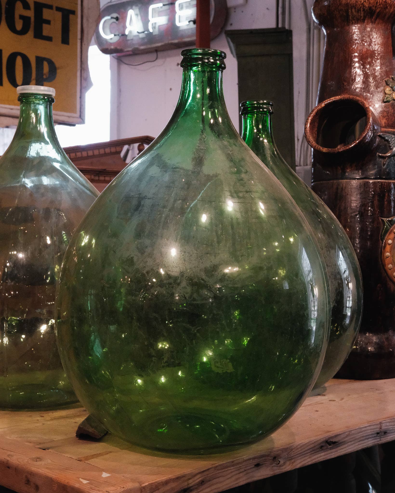 Golden Oldies Antiques - Wholesale Decorative Tabletop Object - Oversized Green Glass Demijohn Bottle4