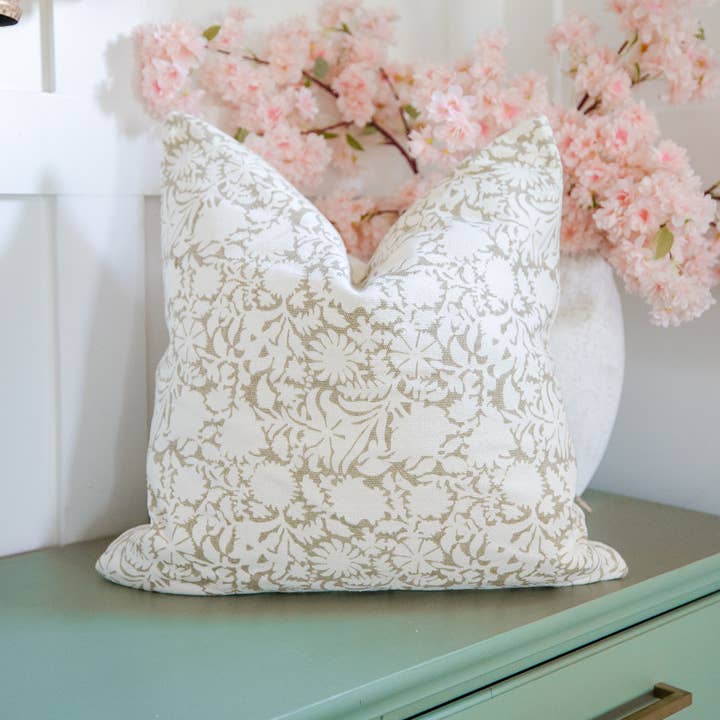 Cozy Prairie Linens Co. - Wholesale Throw Pillow Cover - Signature Floral Cotton Pillow Cover in Olive Green