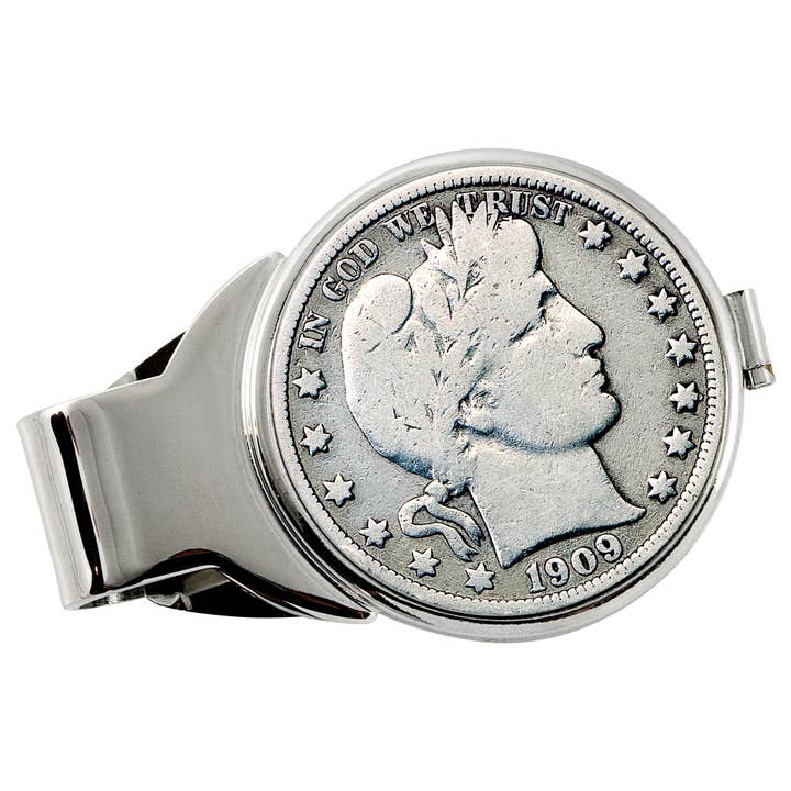 Silver Barber Half Dollar Silvertone Coin Money Clip for wholesale by American Coin Treasures