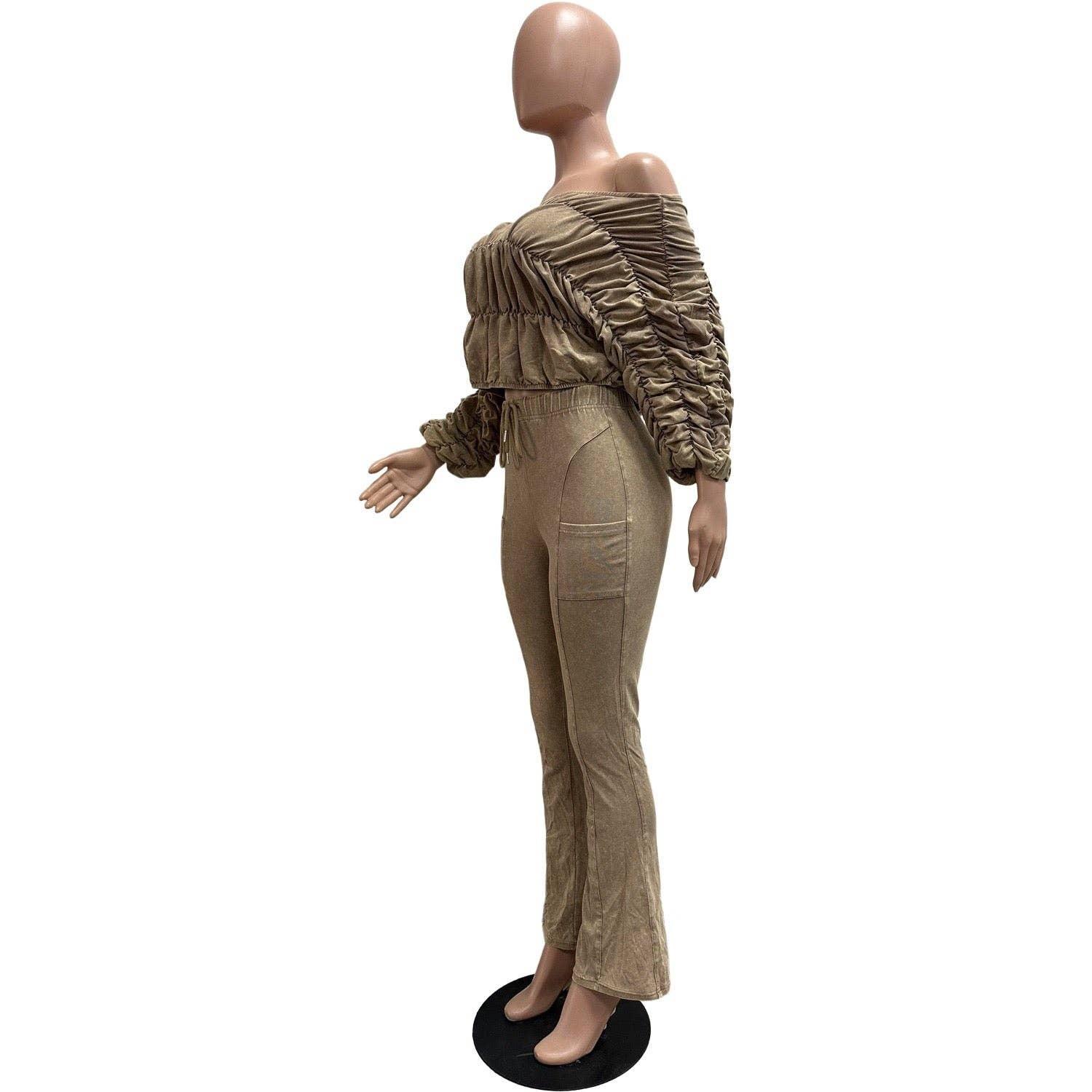 MB Fashion Wholesale - Wholesale Top & Pant Set (NOT Loungewear) - Women's - MB FASHION Ruched Off-Shoulder Top & High-Waist Flared Pants Set 953217