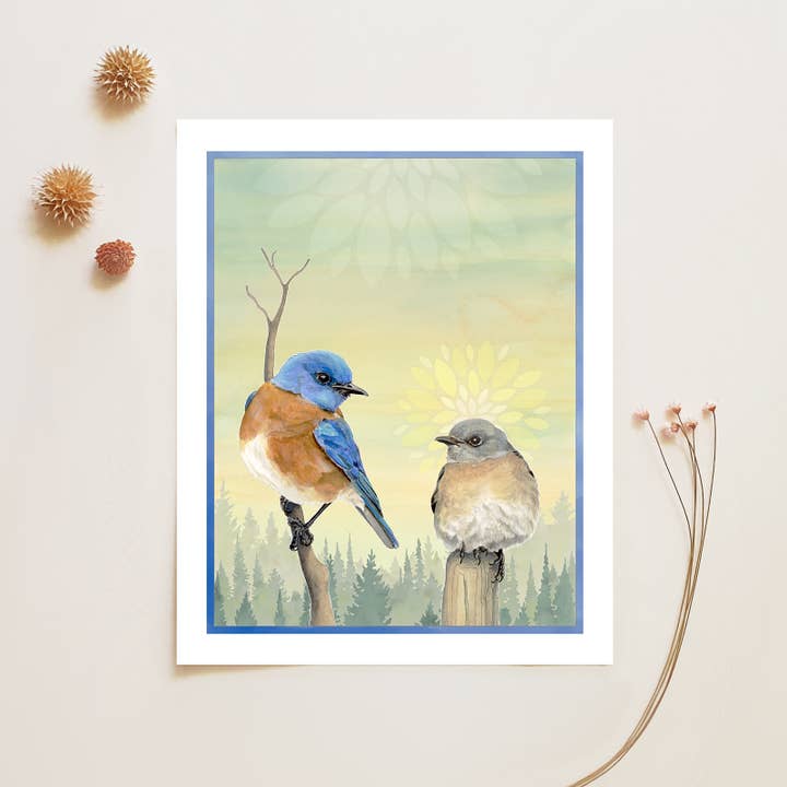 Western Bluebirds - 8x10 Archival Fine Art Print for wholesale by Amy Rose Moore Illustration