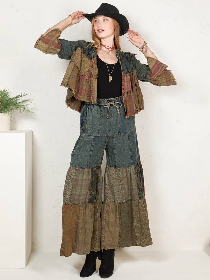 Young Threads - Wholesale Shirt Jacket/Shacket - Women's - Western Boho Chic: Tiered Patchwork Denim Cropped Shrug