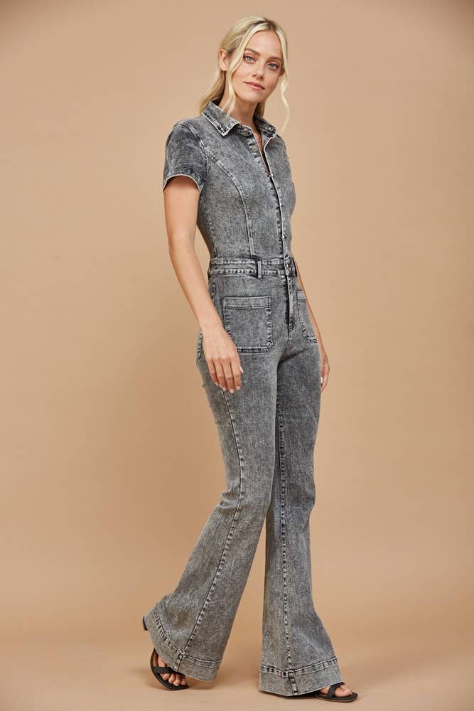 D GREY WESTERN BELLBOTTOM DENIM JUMPSUIT - 4330  DGREY for wholesale on Faire2