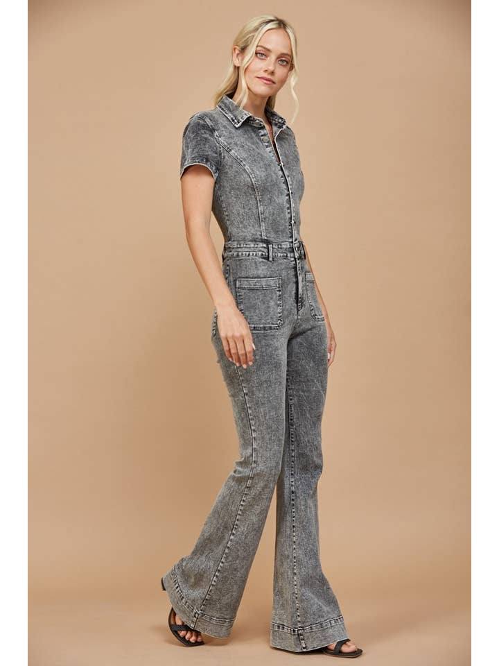 D GREY WESTERN BELLBOTTOM DENIM JUMPSUIT - 4330 DGREY for wholesale on Faire2
