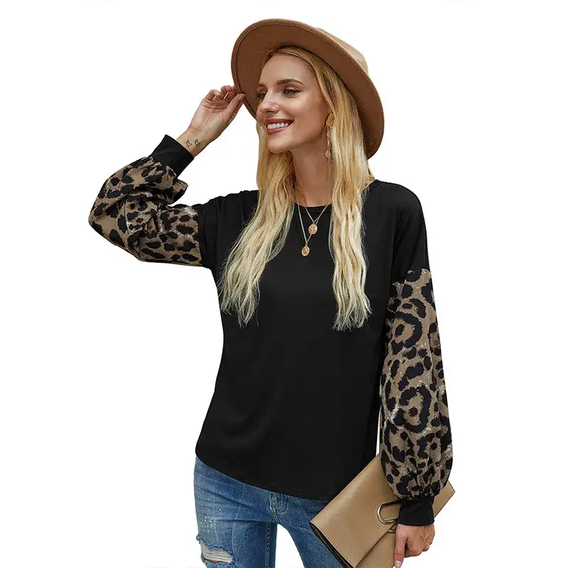 MUSTARD Leopard Crew Neck Puff Sleeve Shirt for wholesale on Faire2