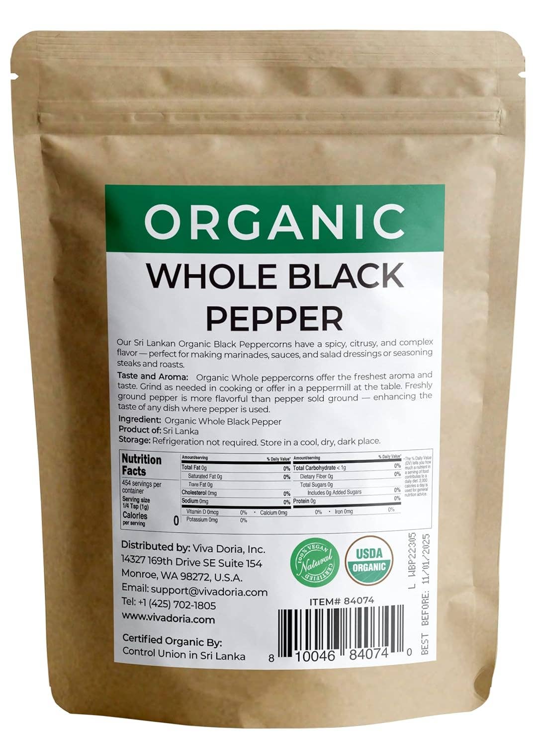 VIVA DORIA INC. - Wholesale Pepper/Peppercorns - Organic Black Peppercorns, 16 oz For Grinder Refills1