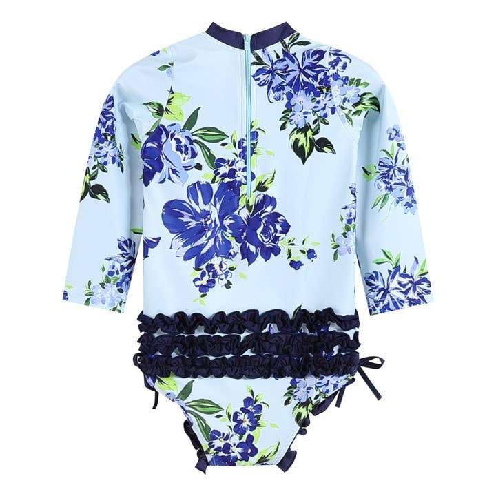 Lil Cactus - Wholesale One Piece Swimsuit - Kids - Special Purchase - Blue Rose Long Sleeve Ruffle Swimsuit