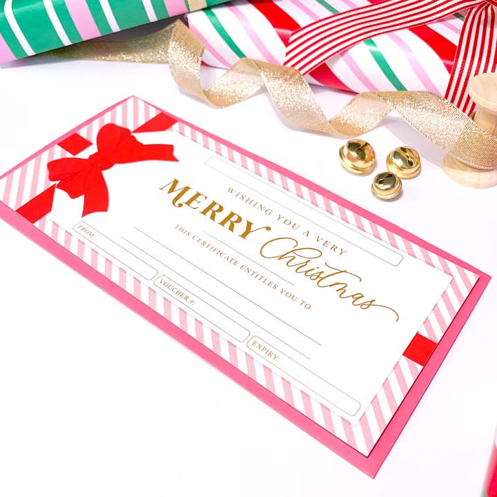 Black Bow Studio - Wholesale Christmas Card - Merry Christmas Gift Voucher Pink Stripe1