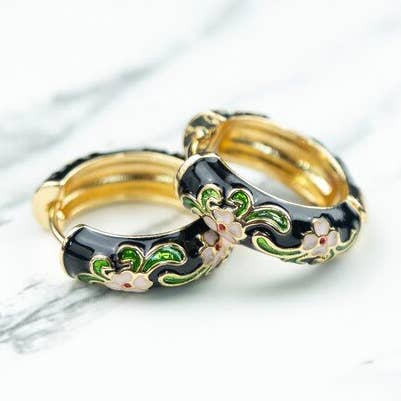 Argolas Florais Douradas Grandes Pretas Multicoloridas Delicadas com Esmalte por atacado de The Colourful Aura