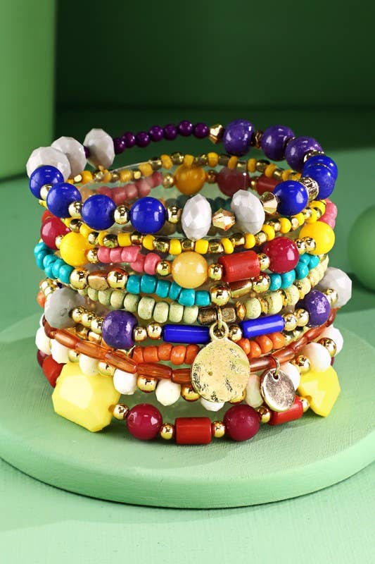 MULTI (MT) Bracciale Indiano Elasticizzato a 10 Strati con Perline Colorate in vendita all'ingrosso su Faire0