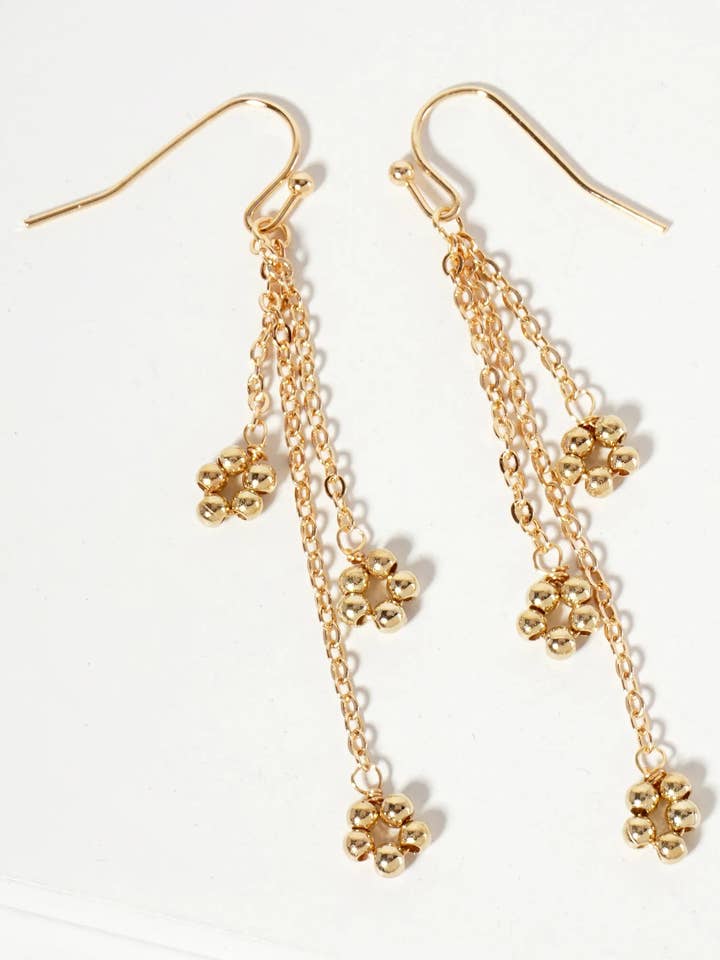 Botanical-Theme Three Flower-Shaped Metallic Beads Drop Chain Earrings for wholesale by Wild Honey