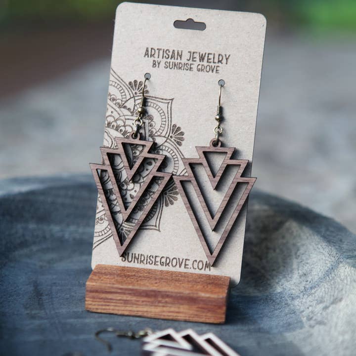 Inverted Triple Triangle Layered Wood Earrings for wholesale by Sunrise Grove