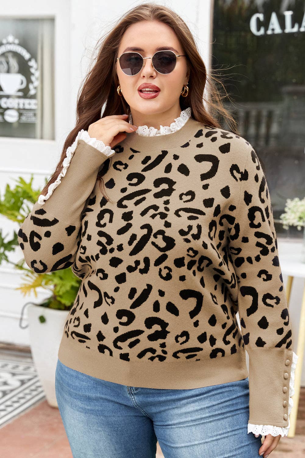Brown LALALOO Plus Size Leopard Lace Trim Long Sleeve Sweater for wholesale on Faire2