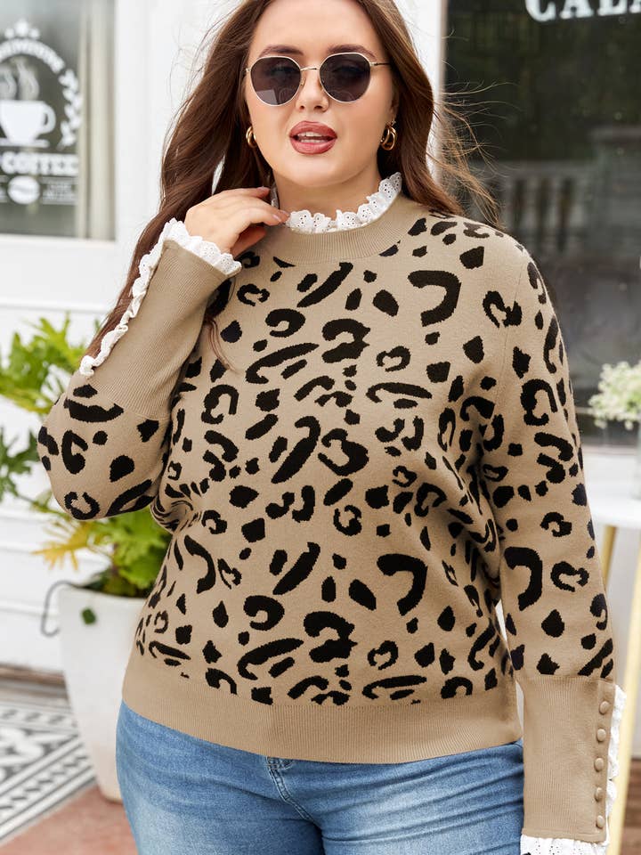 Brown LALALOO Plus Size Leopard Lace Trim Long Sleeve Sweater for wholesale on Faire2