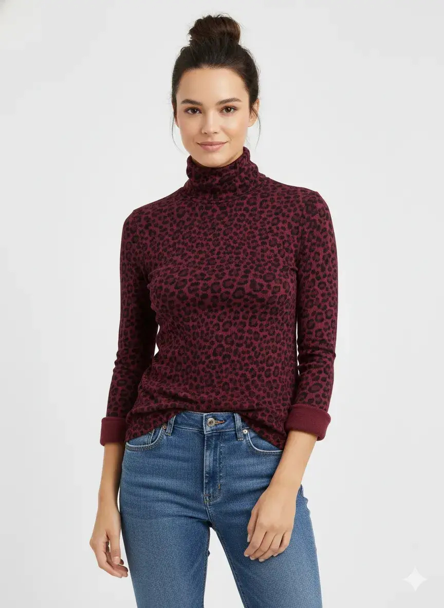 Mimi & Gogo - Wholesale T-Shirt - Women's - Leopard Turtleneck Top @5672_HLeoColChemine7