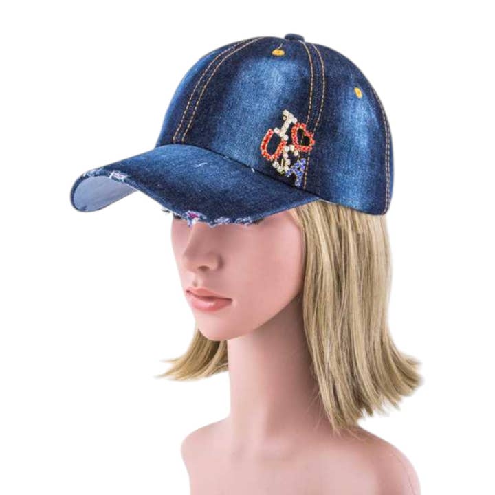 I LOVE USA Crystal Pin Denim Cap for wholesale by Rope & Spurs