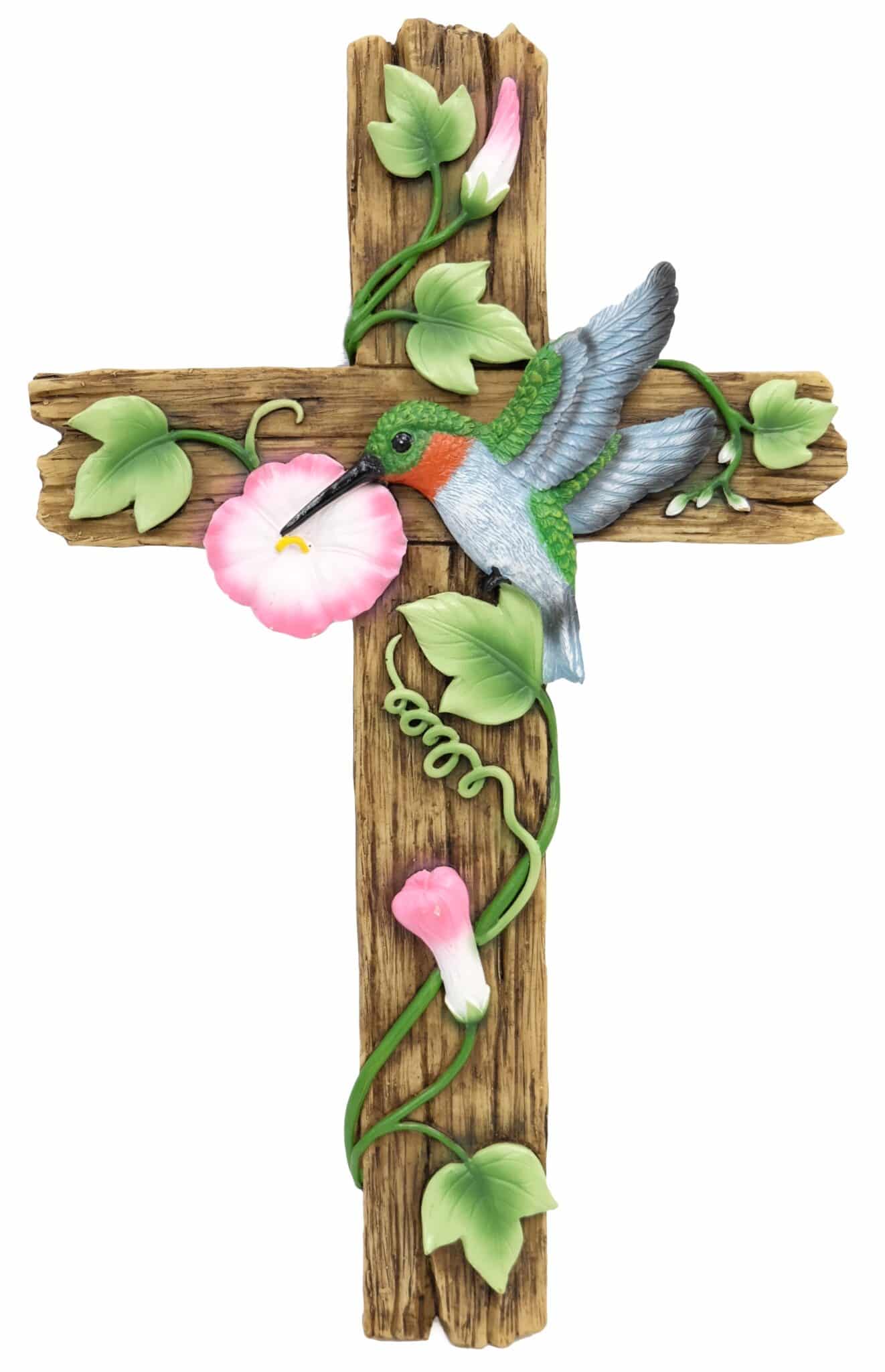 Faux Wood Wall Cross Featuring a Hummingbird with Flowers for wholesale by Cross Into Heaven