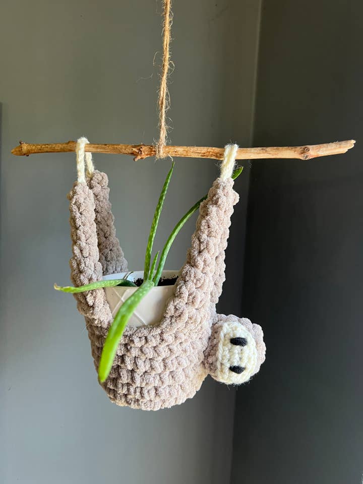 Large Seth the Sloth plant holder for wholesale by Twila Basley Crochet