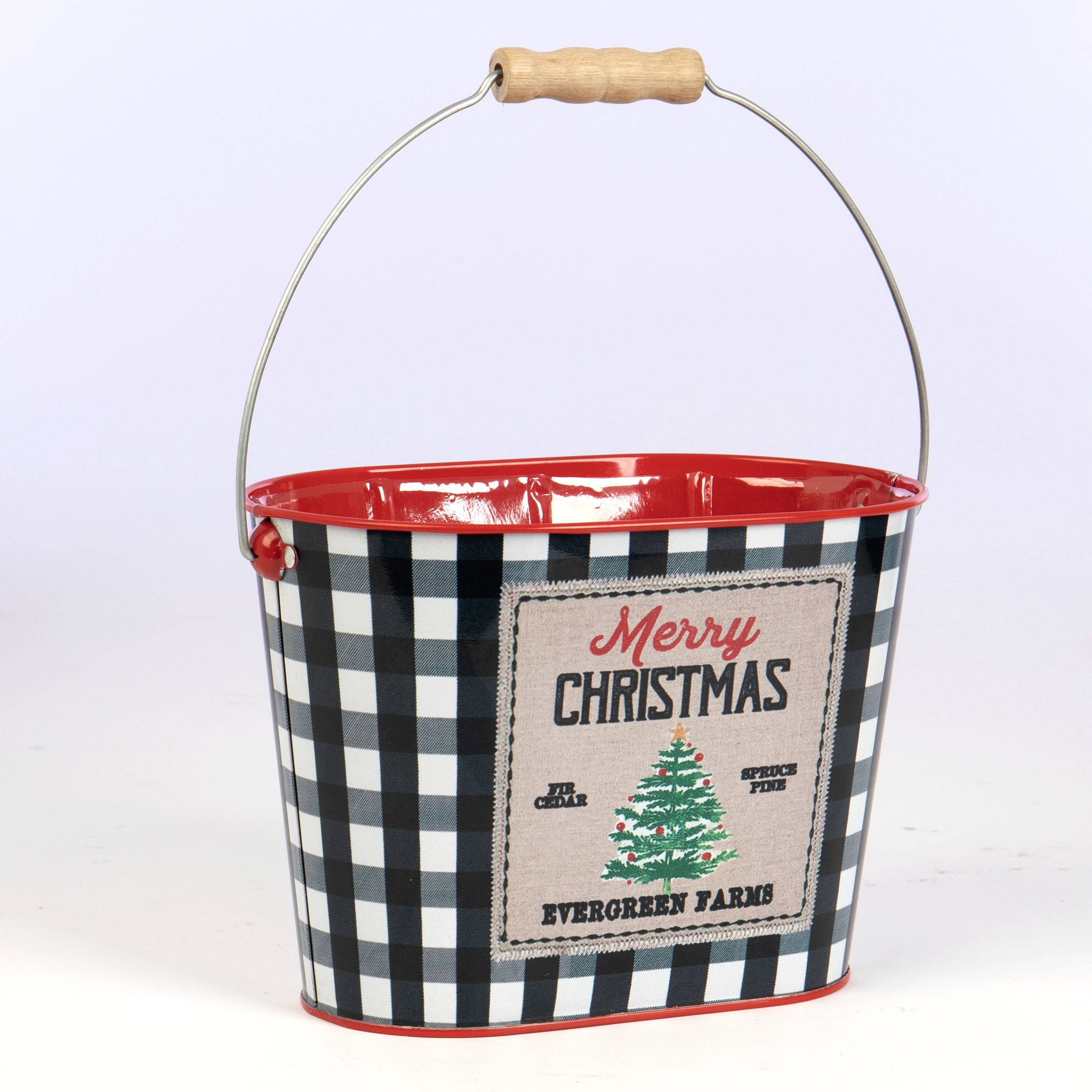 Willow Group - Wholesale Planter Box - Oval Tin Bucket Merry Christmas w/ White Buffalo Check1