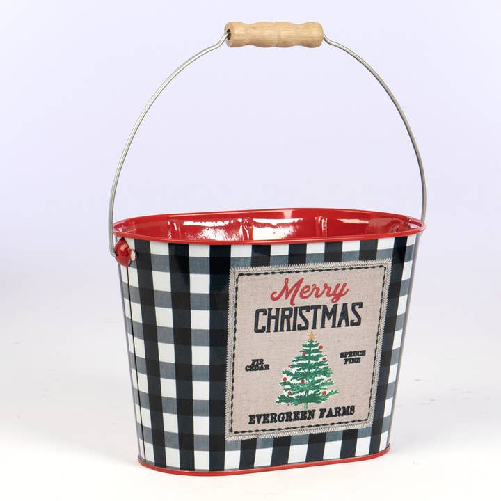 Willow Group - Wholesale Planter Box - Oval Tin Bucket Merry Christmas w/ White Buffalo Check1