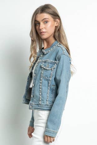 Denim Veste en denim stretch à boutons ornée de perles et strass IJ2129 en vente sur Faire3