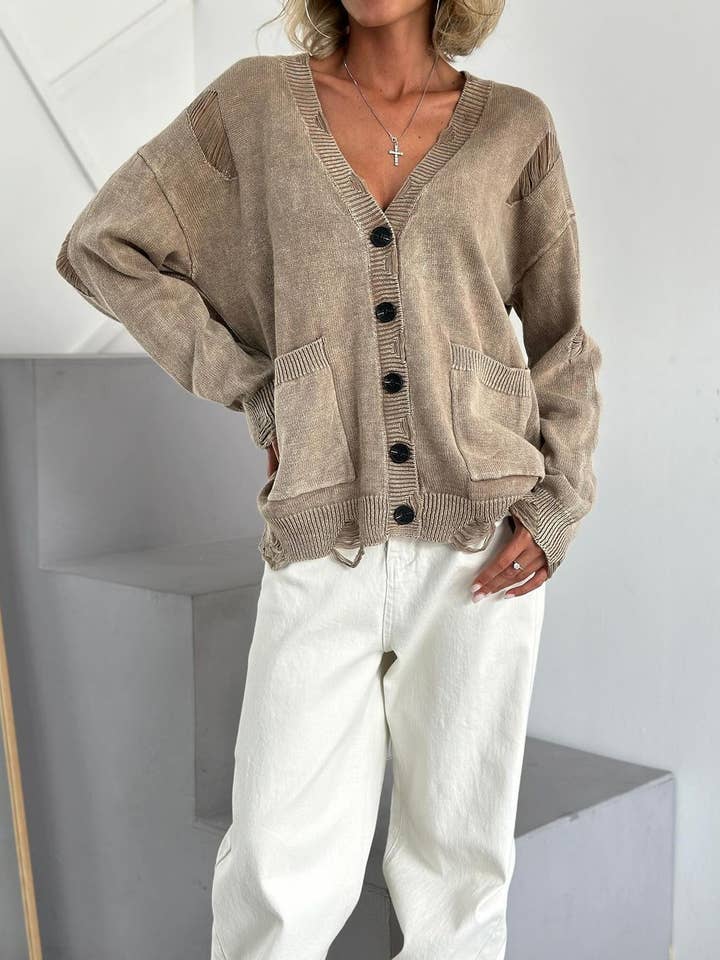 Rosa Clothing - Wholesale Cardigan - Women's - Distressed washed ripped hem knit cardigan11