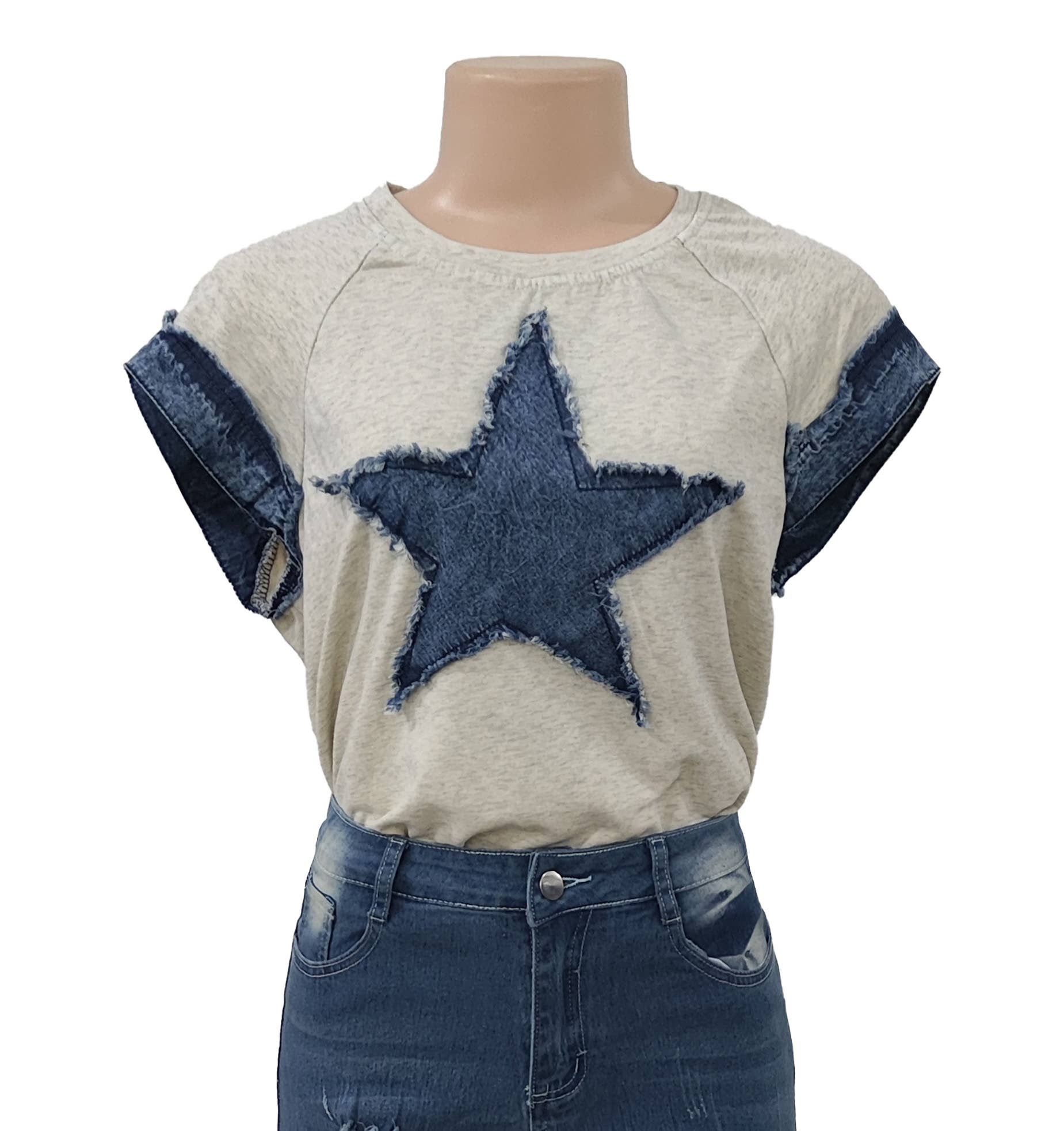Rosa Clothing - Wholesale T-Shirt - Women's - Edgy Denim Star Patch Trim Sleeve Short-Sleeve Top2