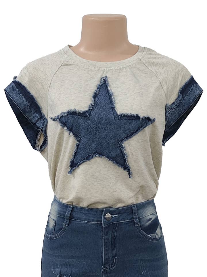 HIDDENBRAND - Wholesale T-Shirt - Women's - Denim Star Patch Washed Crewneck Loose T-Shirt1